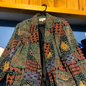 HANG WOON colorful PRINT Blazer Ethnic Tribal ART TO WEAR rust blue patchwork L